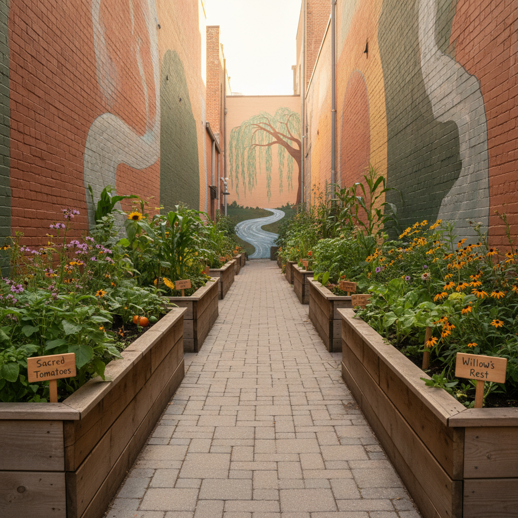 A photographic, ground-level view of a narrow urban lane transformed into a shared community space, captured with no people present. Raised cedar garden boxes overflow with late-summer vegetables and Indigenous and pollinator-friendly plants, labeled with small wooden signs. The adjacent brick walls are painted in muted earth tones, featuring a subtle mural of a stylized willow and winding river that stretches into the distance. Warm late-afternoon light filters between nearby buildings, catching on leaves and creating gently dappled shadows across the interlocking stone path. The composition uses leading lines to draw the eye down the lane, with crisp detail in the foreground and gradual softening toward the background. The mood is hopeful, grounded, and quietly vibrant, reflecting community-led transformation of shared land.